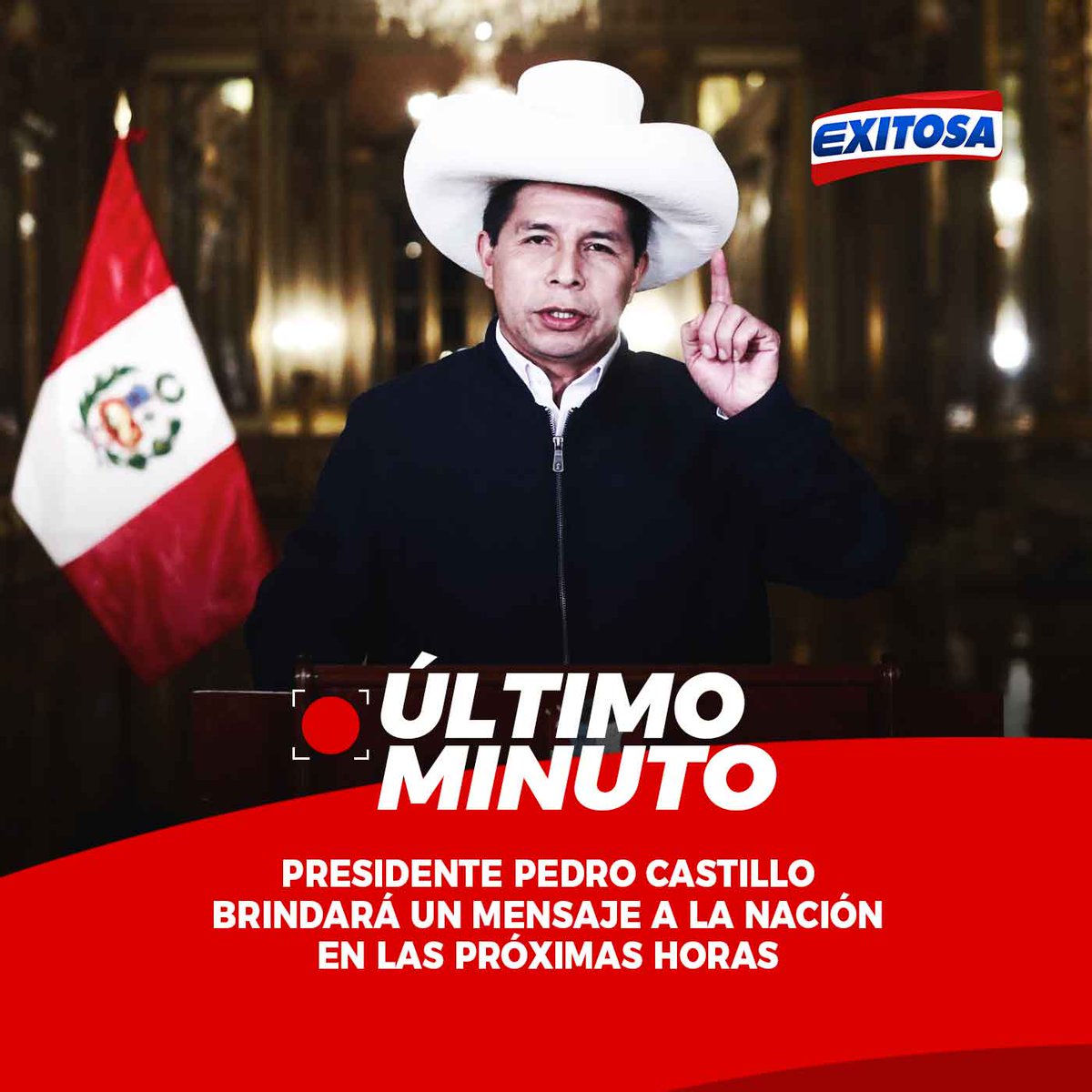 🚨 #LOÚLTIMO: El presidente de la República, Pedro Castillo, brindará un mensaje a la Nación en las próximas horas, en medio de la crisis política que ha generado la designación de Héctor Valer como premier.

➡️Más información: exitosanoticias.pe