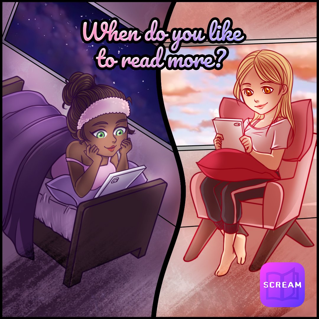AppScream's tweet image. We all prefer a time of the day to read, what is yours? 📚
Are you a morning or night reader? 🌞🌚 

#ScreamApp #LoveBooks