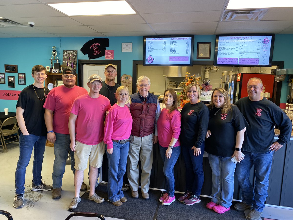McConnellPress's tweet photo. .@LeaderMcConnell is proud to support #Kentucky’s small businesses, both in Washington and in person. He stopped by a Marshall County restaurant during a 2019 visit to enjoy some of Western Kentucky’s best barbeque. #Bluegrass120 https://t.co/thGGYyKDSU
