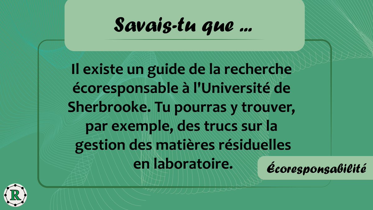 RECMUS (@udes_recmus) on Twitter photo 📣 Savais-tu que... 📣
L'<a href="/USherbrooke/">Université de Sherbrooke</a> possède un guide d'écoresponsabilité en recherche / The University of Sherbrooke has a guide to eco-responsibility in research♻️
Ça t'intéresse ? / Are you interested?👇
bit.ly/3HtsMTj
*French only 📣 Savais-tu que... 📣
L'<a href="/USherbrooke/">Université de Sherbrooke</a> possède un guide d'écoresponsabilité en recherche / The University of Sherbrooke has a guide to eco-responsibility in research♻️
Ça t'intéresse ? / Are you interested?👇
bit.ly/3HtsMTj
*French only