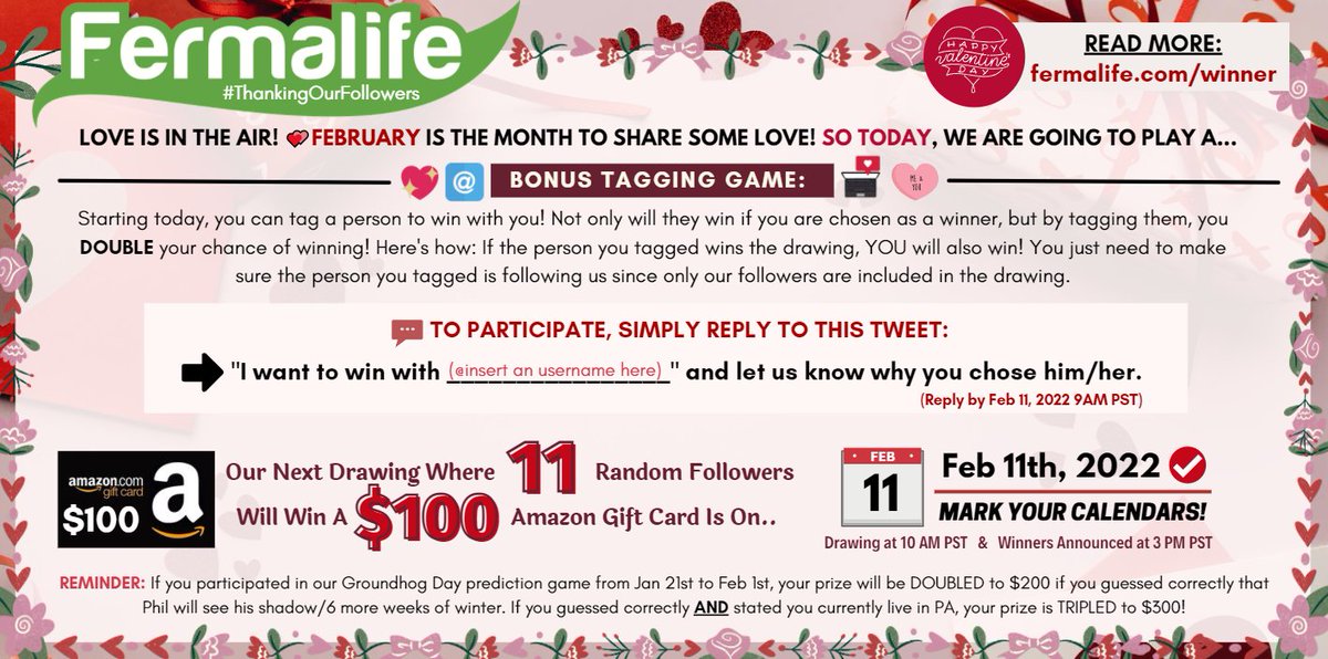 fermalife's tweet photo. ✅MARK YOUR CALENDARS for our next #ThankingOurFollowers drawing!💝11 random followers will win a $100 #AmazonGiftCard on 2-11! Join the bonus tagging game by replying to this tweet &amp; tag someone you want to win with &amp; double your chance at winning🌹More: https://t.co/2QOZDA5Z5M https://t.co/IvHwuweVH8
