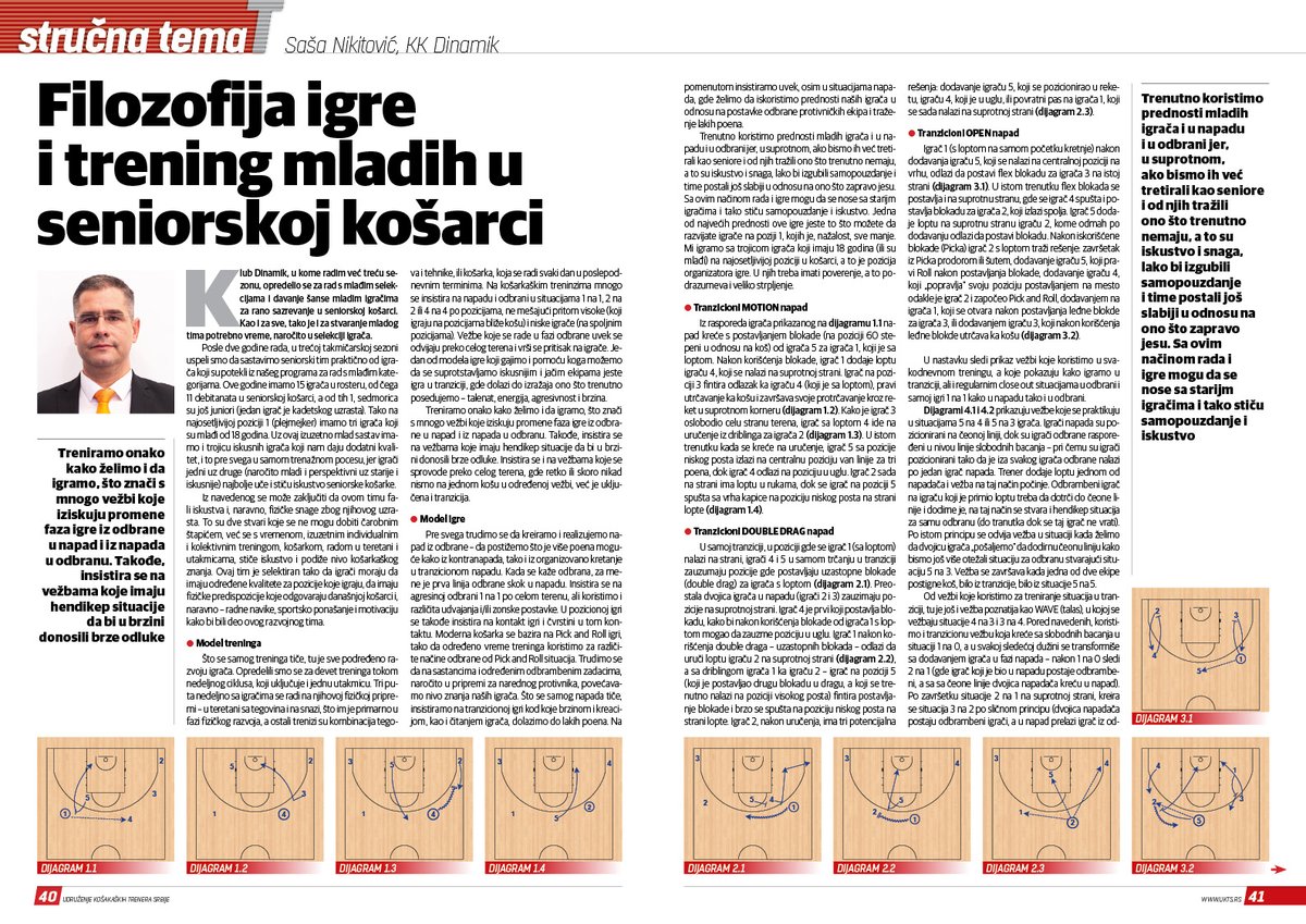 Saša Nikitović,<a href="/KKDynamicBG/">KK Dynamic VIP PAY</a>
🏀FILOZOFIJA IGRE i TRENING MLADIH U SENIORSKOJ KOŠARCI🏀 
Treniramo onako kako želimo i da igramo, što znači sa mnogo vežbi koje iziskuju promene faza igre iz odbrane u napad i iz napada u odbranu. Takođe insistira se na vežbama koje imaju hendikep...