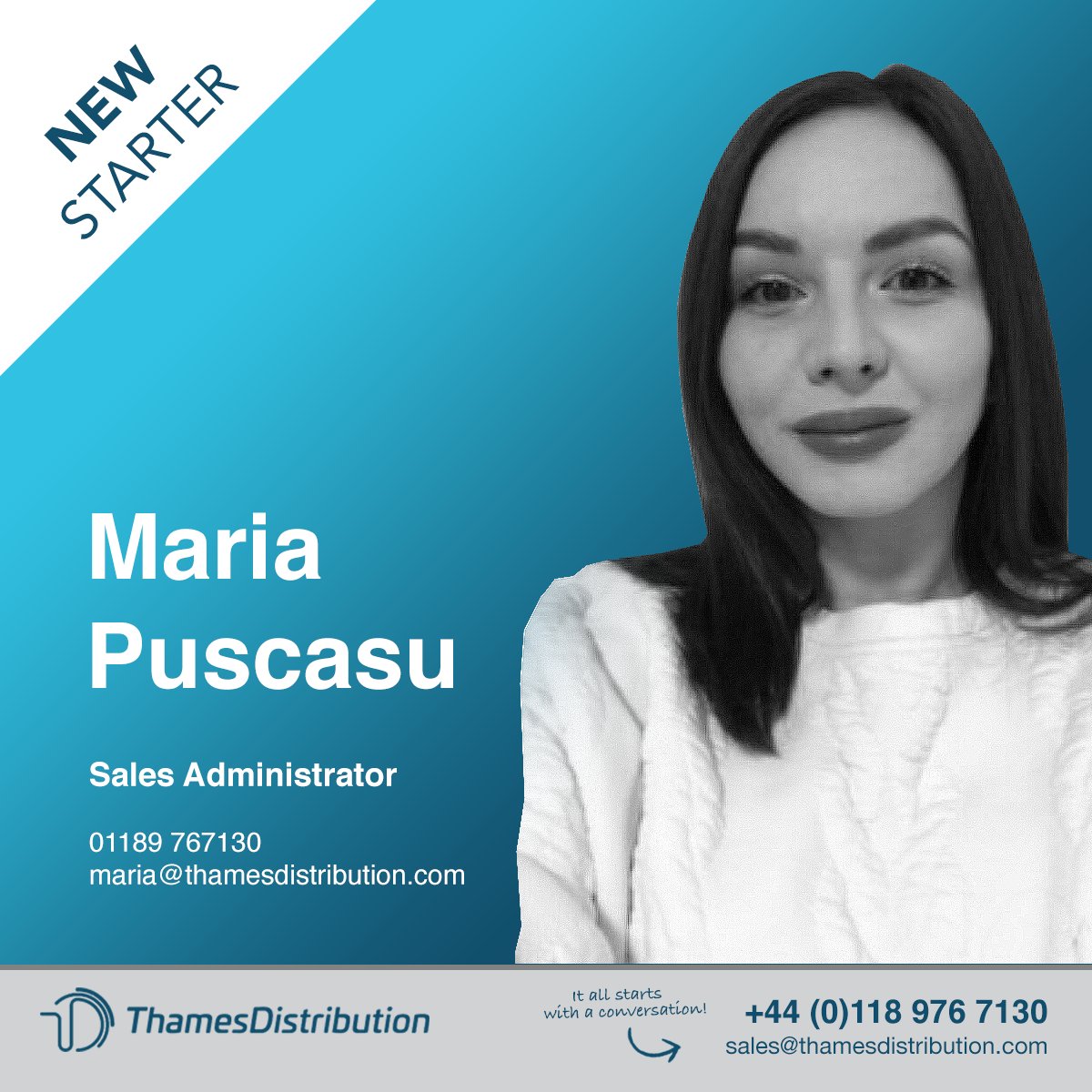 thamesdisti's tweet photo. Thames Distribution welcomes our new starter, Maria Puscasu, as Sales Administrator. Everyone at Thames wishes Maria all the best in her new role!

https://t.co/3TrwfuoLOP https://t.co/XNlkcELPiU
