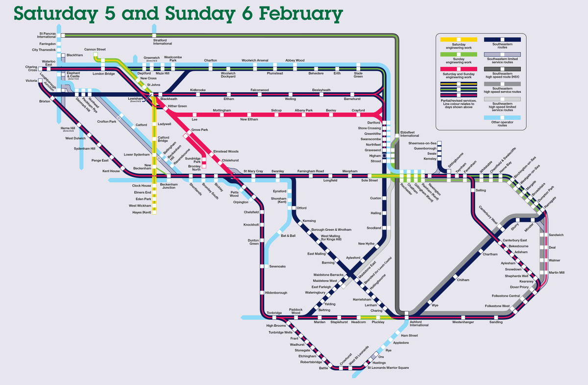 Se_Railway's tweet photo. 🚧Engineering work affects trains this weekend via #HitherGreen, #Hayes, #Rochester &amp; #Headcorn
⛔On Sunday there are no trains at #CannonStreet.Tickets valid on LUL🚇 between terminus stations.

Check before you travel: https://t.co/ysjZg0qMNT
More info: https://t.co/AHeXmryRc8 https://t.co/8jEYoxhUZW