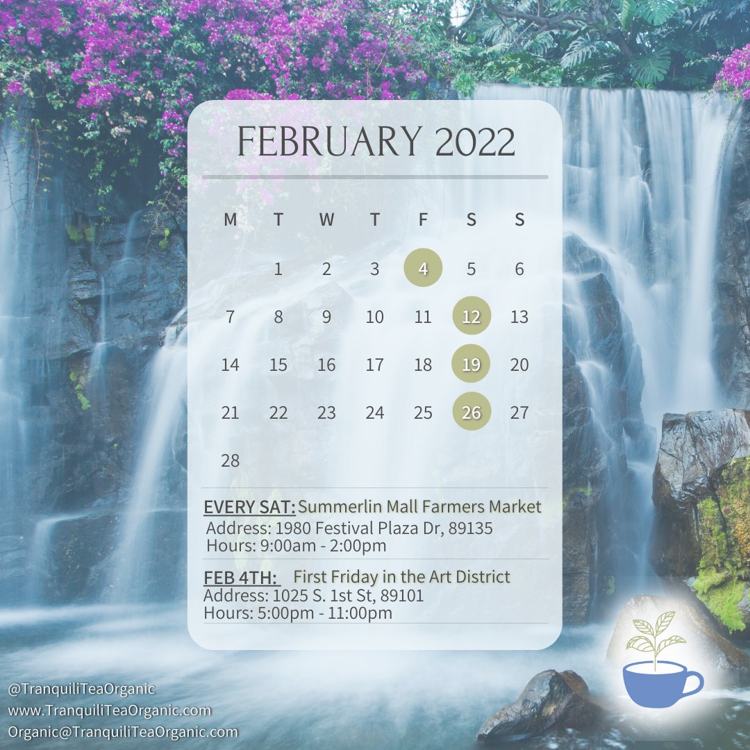 TranquiliTeaOrg's tweet photo. 💙 Happy February &amp; Chinese New Year! Ah there's so much to look forward to the month.
Here's our February schedule! We'll be at First Friday tonight brewing up our Organic Year of the Water Tiger blend! Mention this post for half off a cup https://t.co/vggYL1Wv9A