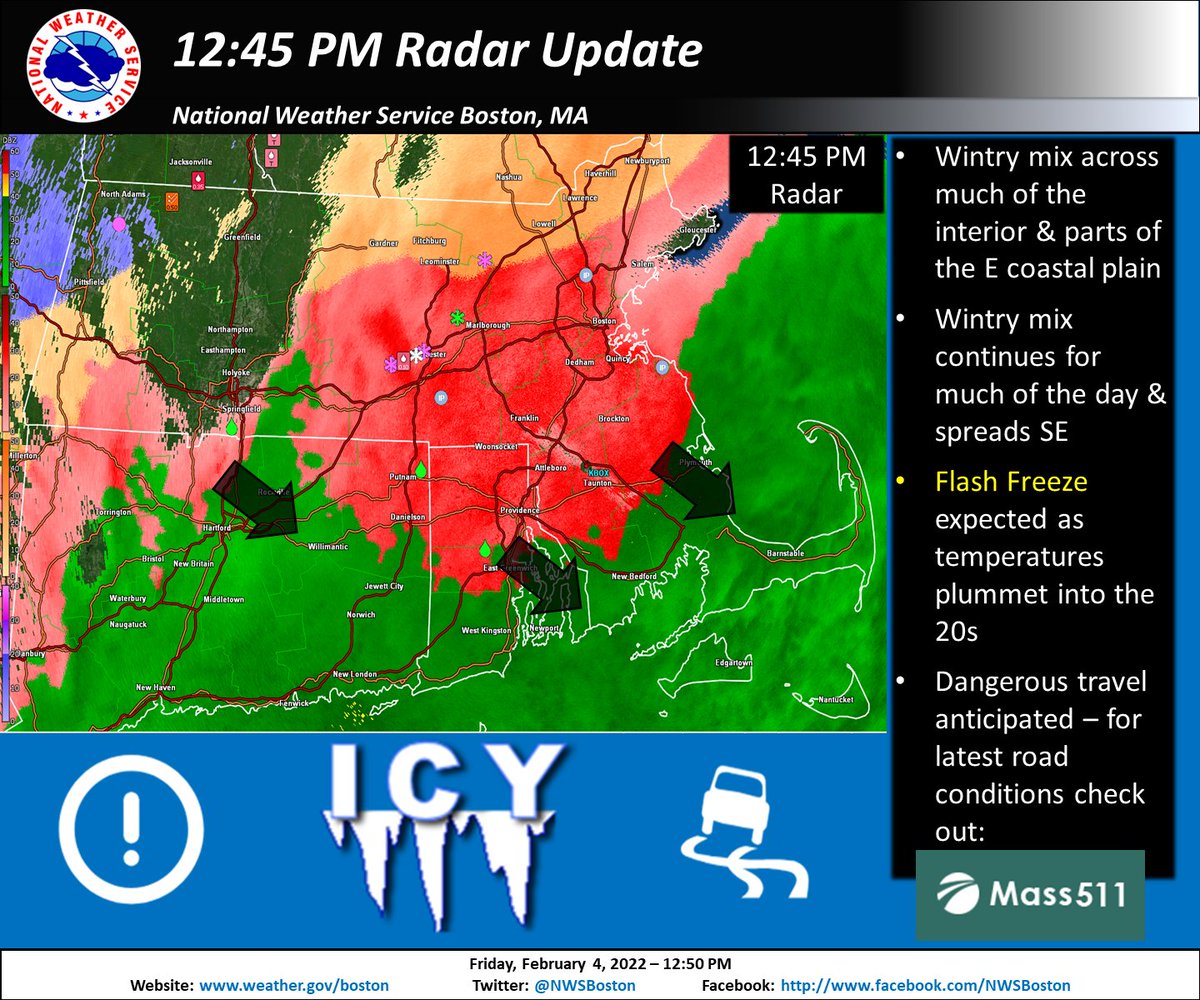 NWSBoston's tweet image. [1245 PM Radar Update] Wintry mix across much of the region will spread southeastward. Dangerous travel anticipated as temperatures plummet resulting in a flash freeze. #mawx #ctwx #riwx