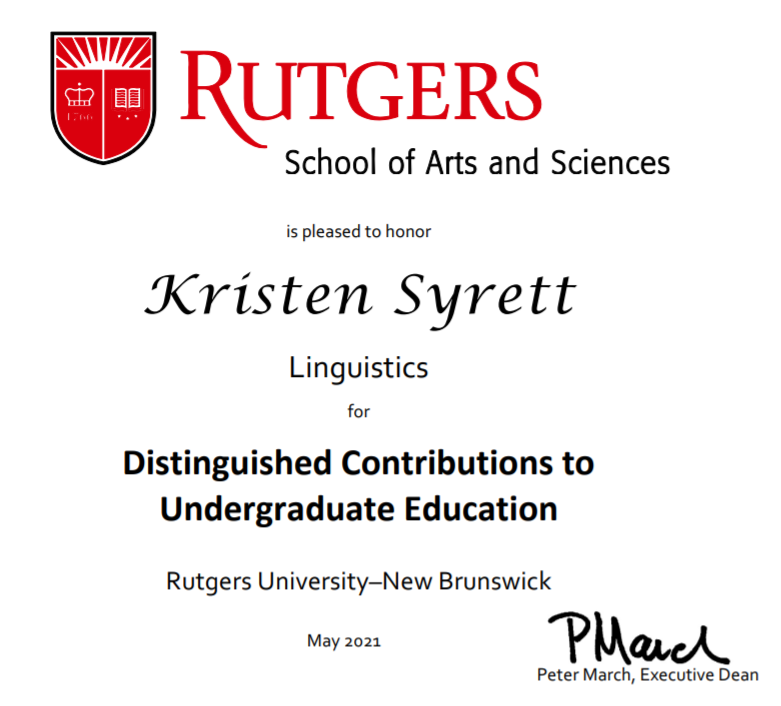 Congratulations to <a href="/kristensyrett/">Kristen Syrett</a> for receiving the <a href="/RutgersSAS/">Rutgers SAS</a> Award For Distinguished Contributions to Undergraduate Education!

<a href="/RutgersU/">Rutgers University</a> <a href="/RULinguistics/">Rutgers Linguistics</a>