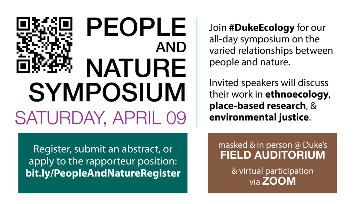 #DukeEcology's People and Nature Symposium is (finally) happening on April 9! We have an amazing lineup of speakers who will discuss environmental justice, ethnoecology, and place-based research. In-person attendance is limited, so register early! 
bit.ly/PeopleAndNatur…