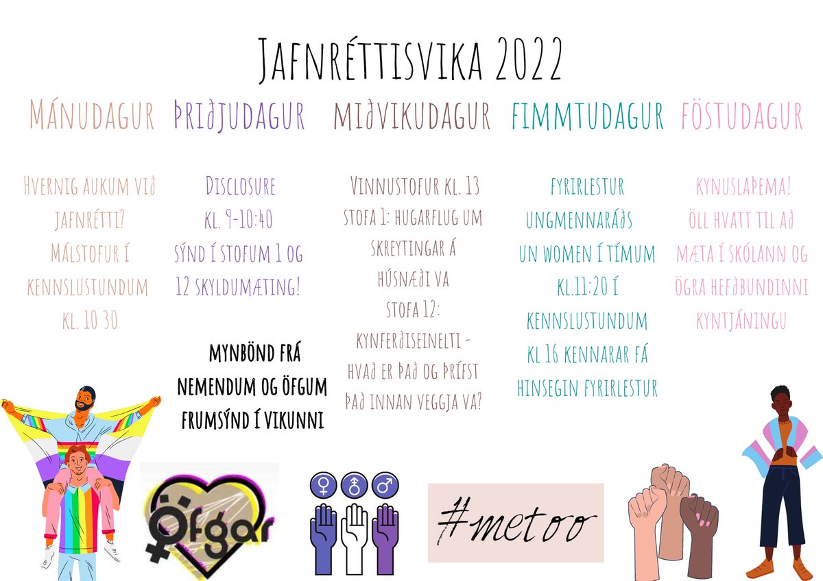 Í næstu viku 7.-14. febrúar er jafnréttisvika VA. Á myndinni má sjá dagskrá vikunnar á uppbroti og viðburðum. Þetta er í fyrsta sinn sem jafnréttisvika í þessari mynd er haldin. Gleðilega jafnréttisviku!
#vaskólinnokkar #jafnréttisvikava2022