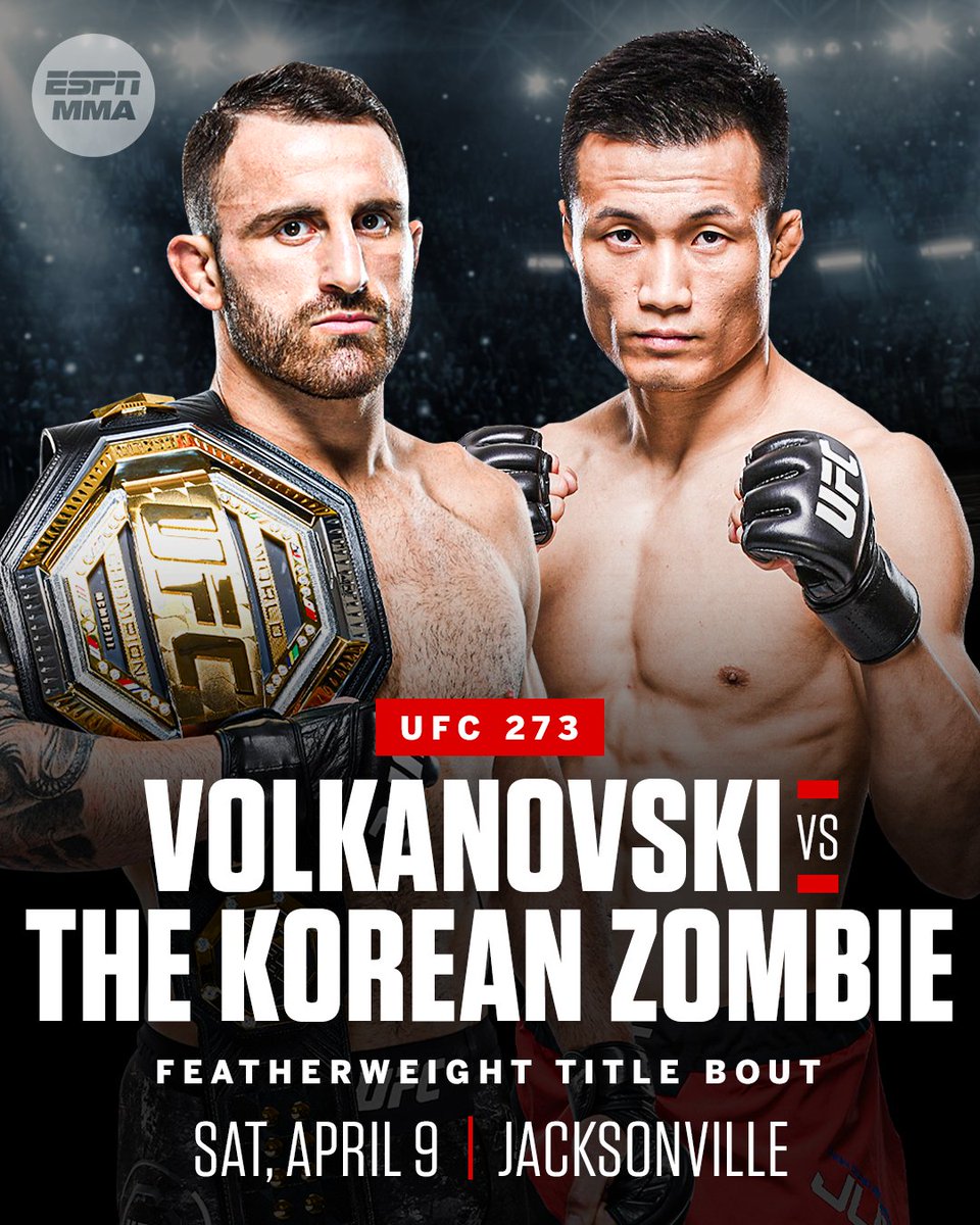 espnmma's tweet image. Alexander The Great looks to defend his featherweight crown against The Korean Zombie at UFC 273 on April 9 in Jacksonville, UFC chief business officer Hunter Campbell told @marc_raimondi 👑🧟‍♂️