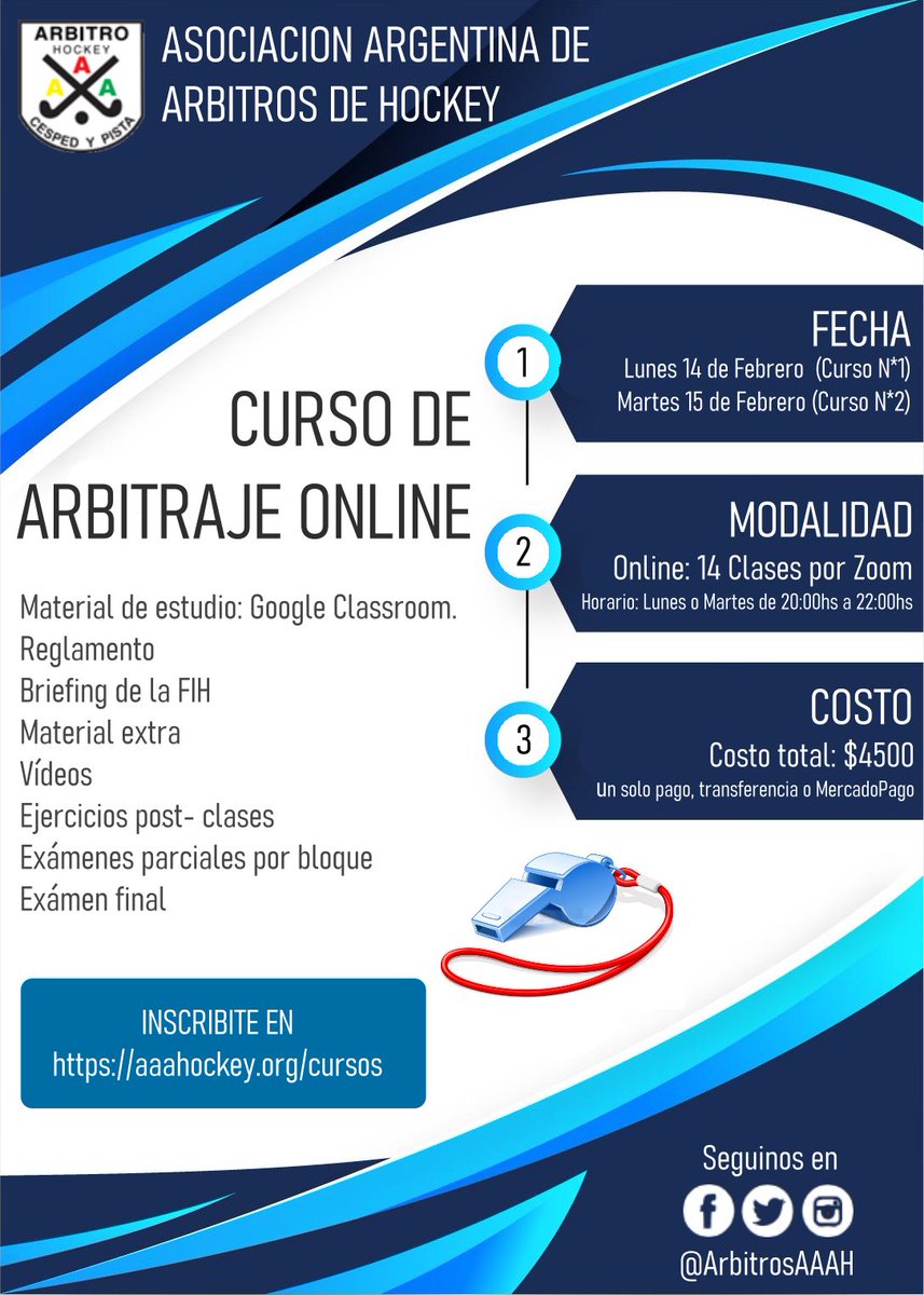 Nuevos cursos de arbitraje online, comienzan este mes. Inscripción en aaahockey.org/cursos/