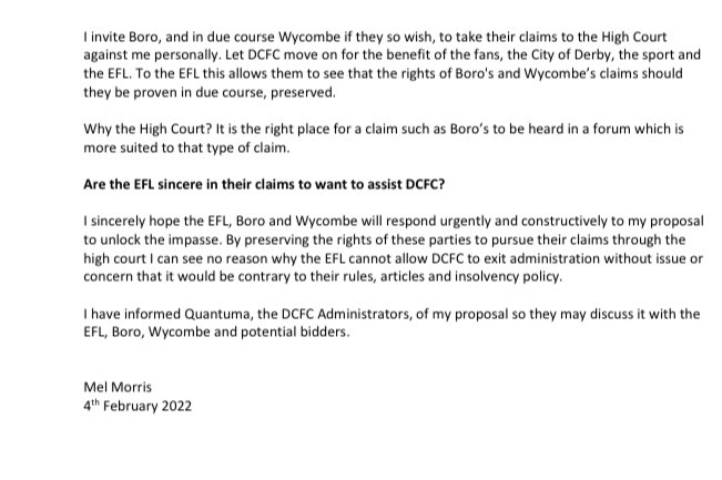 Mel Morris statement 

“I invite Boro, and in due course Wycombe if they so wish, to take their claims to the High Court against me personally … I sincerely hope the EFL, Boro and Wycombe will respond urgently and constructively to my proposal to unlock the impasse.”