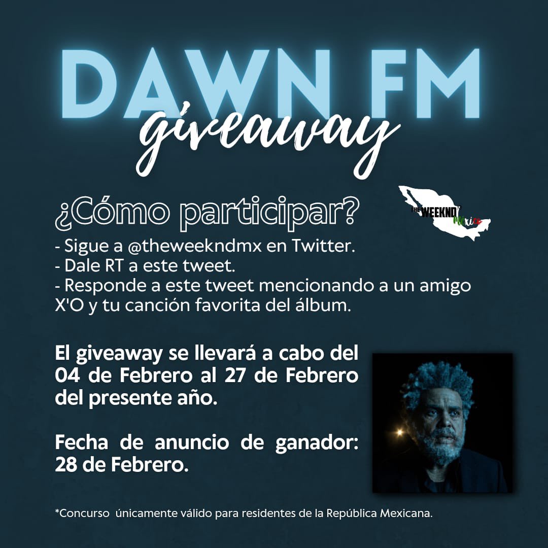 theweekndmx's tweet photo. THE WEEKND MEXICO GIVEAWAY 🥳

Estaremos regalando algunos CDS de #DawnFM https://t.co/XVgjLAp41q