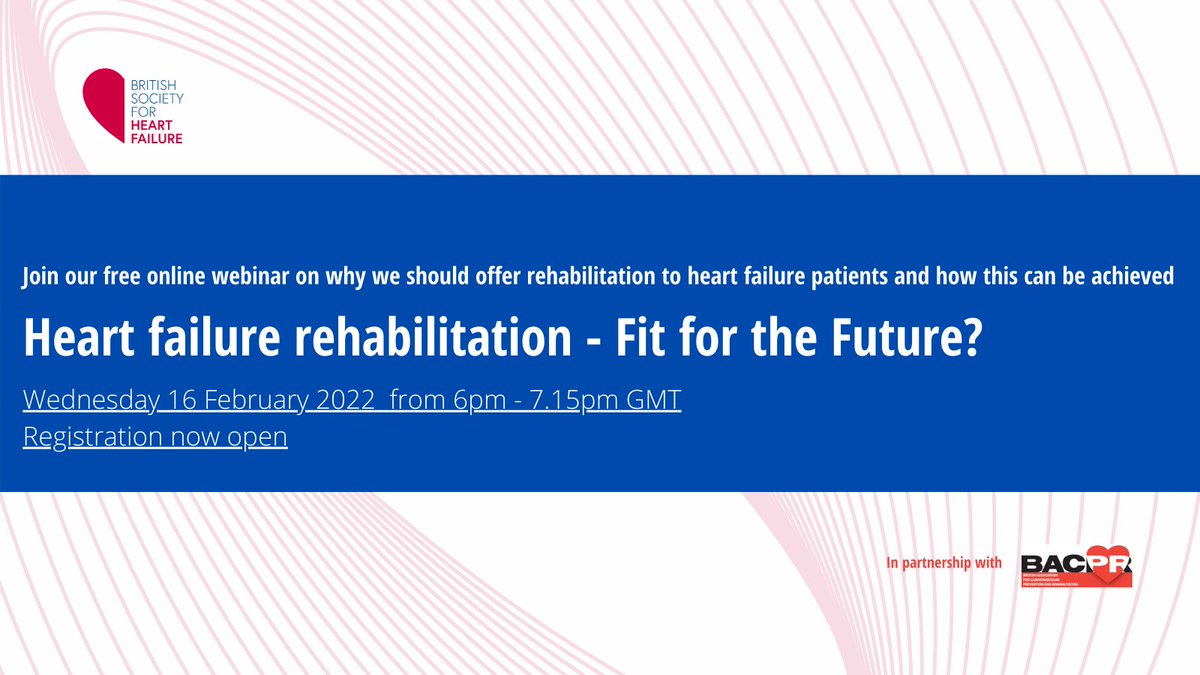 BACPR (@bacpr) on Twitter photo Delighted to be delivering this joint webinar with
<a href="/BSHeartFailure/">British Society for Heart Failure #theFword</a>
Come join us during #CRweek to discuss #heartfailure and #cardiacrehab Free registration
bsh.org.uk/hfwebinar_16fe… Delighted to be delivering this joint webinar with
<a href="/BSHeartFailure/">British Society for Heart Failure #theFword</a>
Come join us during #CRweek to discuss #heartfailure and #cardiacrehab Free registration
bsh.org.uk/hfwebinar_16fe…
