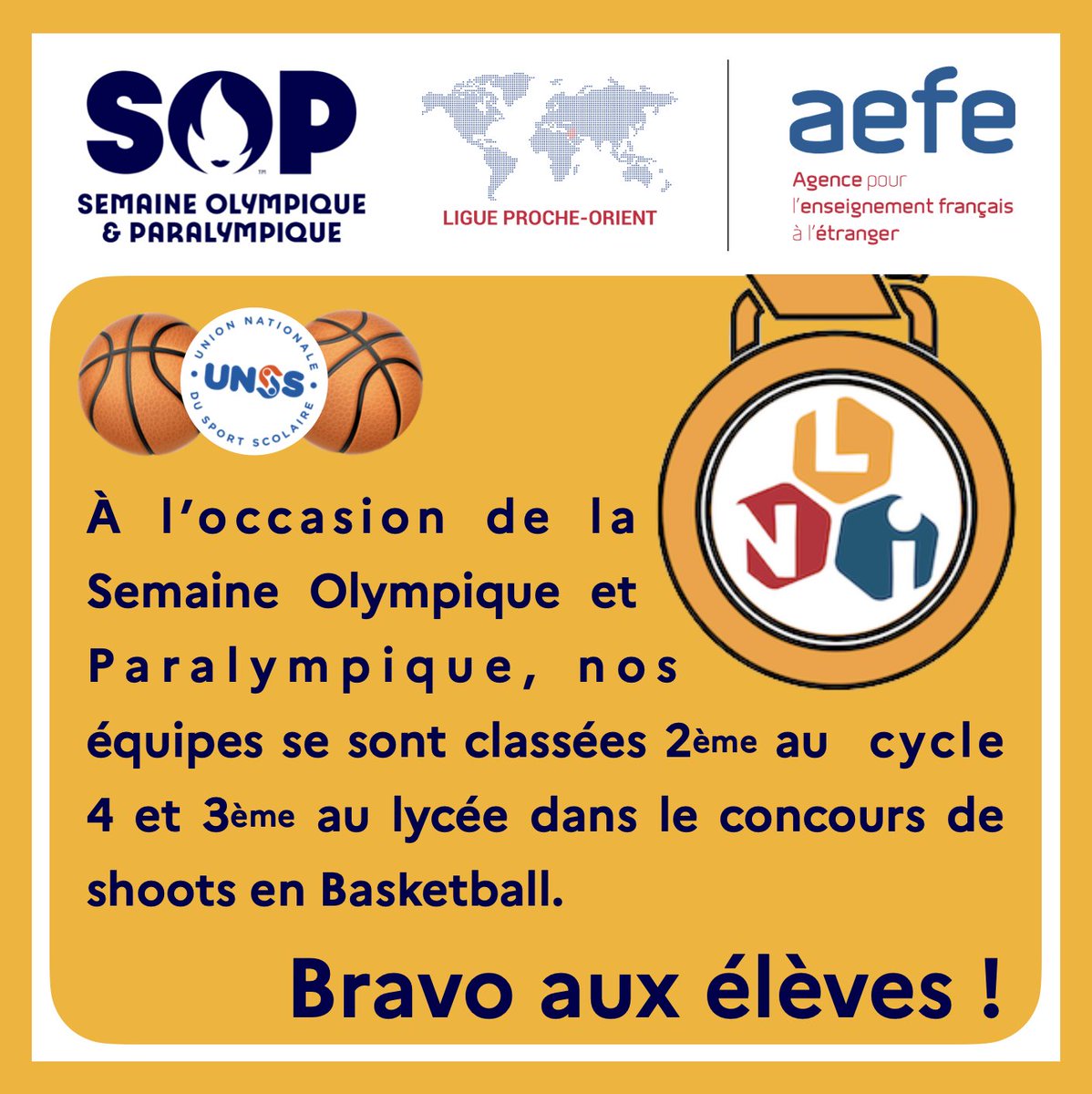 « Nos élèves ont pris part à la #SOP ! Un concours de shoots de 🏀, proposé par la ligue sportive <a href="/aefeinfo/">AEFE</a> <a href="/unss/">UNSS_National</a> au Proche-Orient leur a permis de monter sur le podium, signe de l’engagement de l’établissement et de son AS dans les valeurs du sport scolaire ! @MutuaefePO »