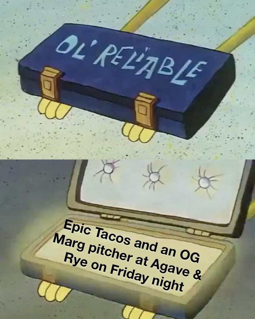 AgaveAndRye's tweet photo. We’re back and ready for you to experience EPIC! It’s not a Friday night without Agave & Rye…
•
•
#agaveandrye #epictacos #fridaynight #timefortacos #letsgettacos #ogmarg #margaritapitcher #margsandgossip #starttheweekend https://t.co/DqNRRLSzmw