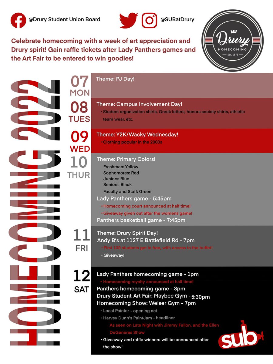 SUBatDrury's tweet photo. Hey Panthers, homecoming is this coming week! Here is a breakdown of our events throughout the week. Stay connected on all socials for updates!! 🖤❤️🤍 https://t.co/Ih3R3LrxFk