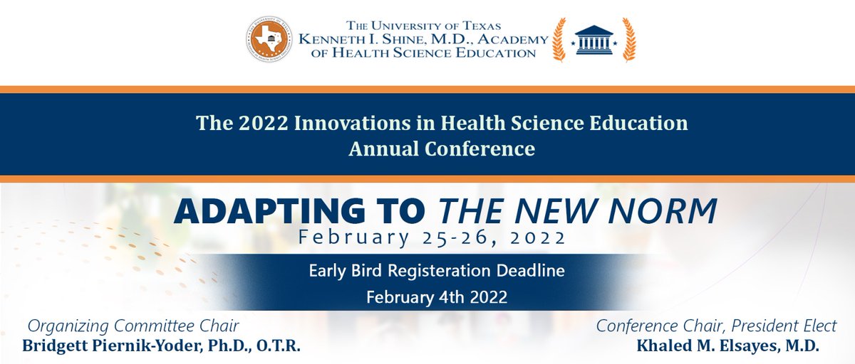 The UT Shine Academy (@utshineacademy) on Twitter photo Today is the last day for Early bird Registration for the 2022 UT Shine Academy Innovation conference.
Agenda:
bit.ly/3IUQckO
Register here:
bit.ly/3gtBHIg
<a href="/MDAndersonnews/">MD Anderson Cancer Center</a> <a href="/utmbhealth/">UTMB Health</a> <a href="/TXMedCenter/">Texas Medical Center</a> <a href="/UTHealthSA/">UT Health San Antonio</a> <a href="/UTHealth/">UTHealth</a> <a href="/UTHealthHouston/">UTHealth Houston</a> <a href="/ElsayesKhaled/">Khaled Elsayes</a>
#MedEd Today is the last day for Early bird Registration for the 2022 UT Shine Academy Innovation conference.
Agenda:
bit.ly/3IUQckO
Register here:
bit.ly/3gtBHIg
<a href="/MDAndersonnews/">MD Anderson Cancer Center</a> <a href="/utmbhealth/">UTMB Health</a> <a href="/TXMedCenter/">Texas Medical Center</a> <a href="/UTHealthSA/">UT Health San Antonio</a> <a href="/UTHealth/">UTHealth</a> <a href="/UTHealthHouston/">UTHealth Houston</a> <a href="/ElsayesKhaled/">Khaled Elsayes</a>
#MedEd