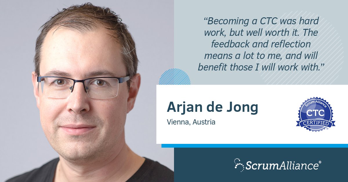 ScrumAlliance's tweet photo. Please join us in congratulating @ajdjong on his difficult, but rewarding journey toward becoming a Certified Team Coach (CTC)!  #AgileCoach #ScrumAlliance https://t.co/enh0lW98Lm