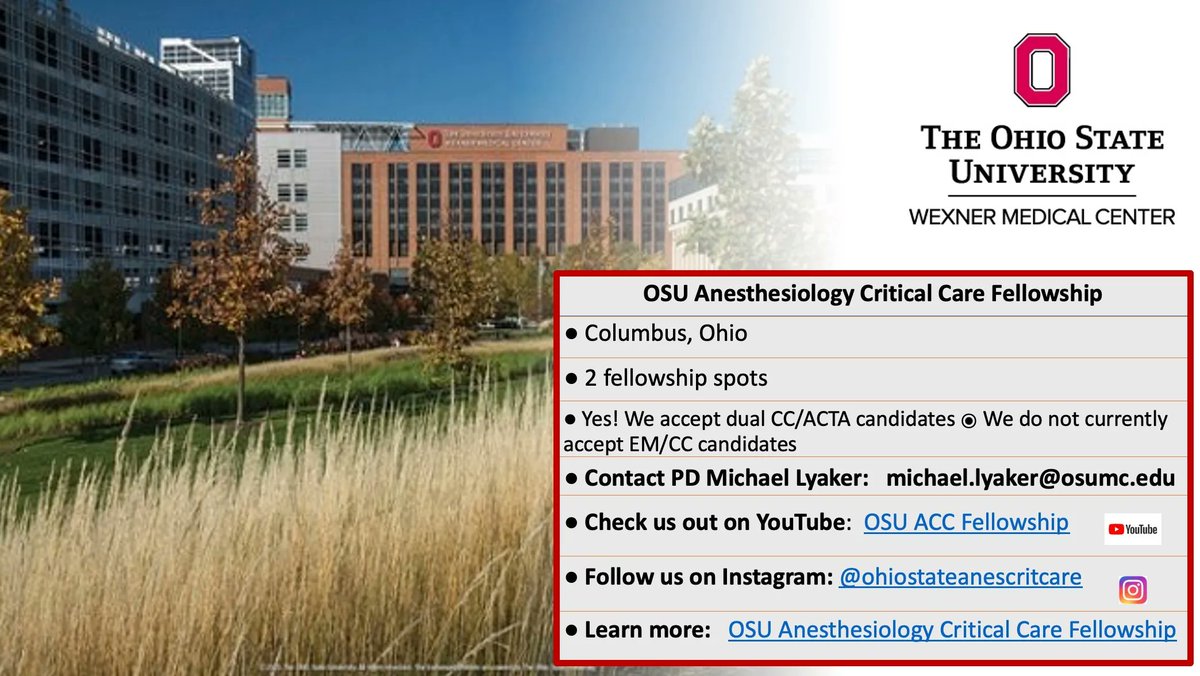 SOCCA_CritCare's tweet photo. #ApplyACCM #CriticalCareFellowship From OSU: Looking for a small, close-knit program with all the opportunities of a world class academic center? That’s us. Go Bucks! https://t.co/pHVwYI4Hn0