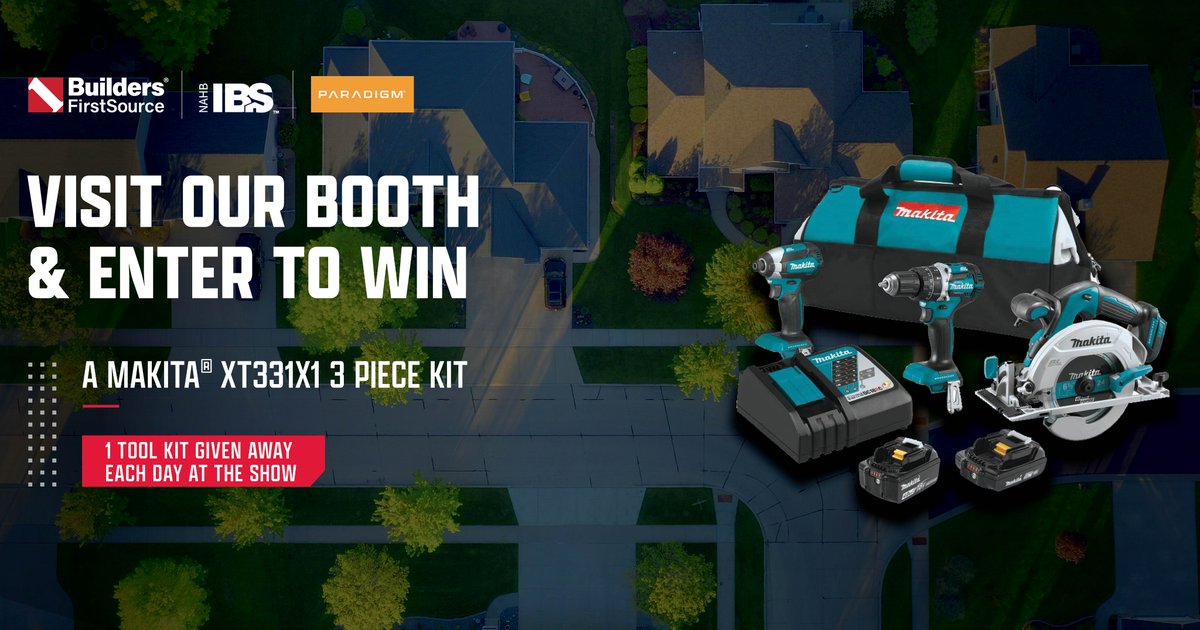 MyParadigmTech's tweet photo. Paradigm and @BldrFirstSource are changing the way homes are built. Check us out at the @IntlBldrsShow (booth number W3301) to see how. And enter to win this 3-piece Makita tool combo! 
#ISB2022 #W3301 #ParadigmTechnology #BuildersFirstSource #homebuilders https://t.co/c2C3NruLnJ