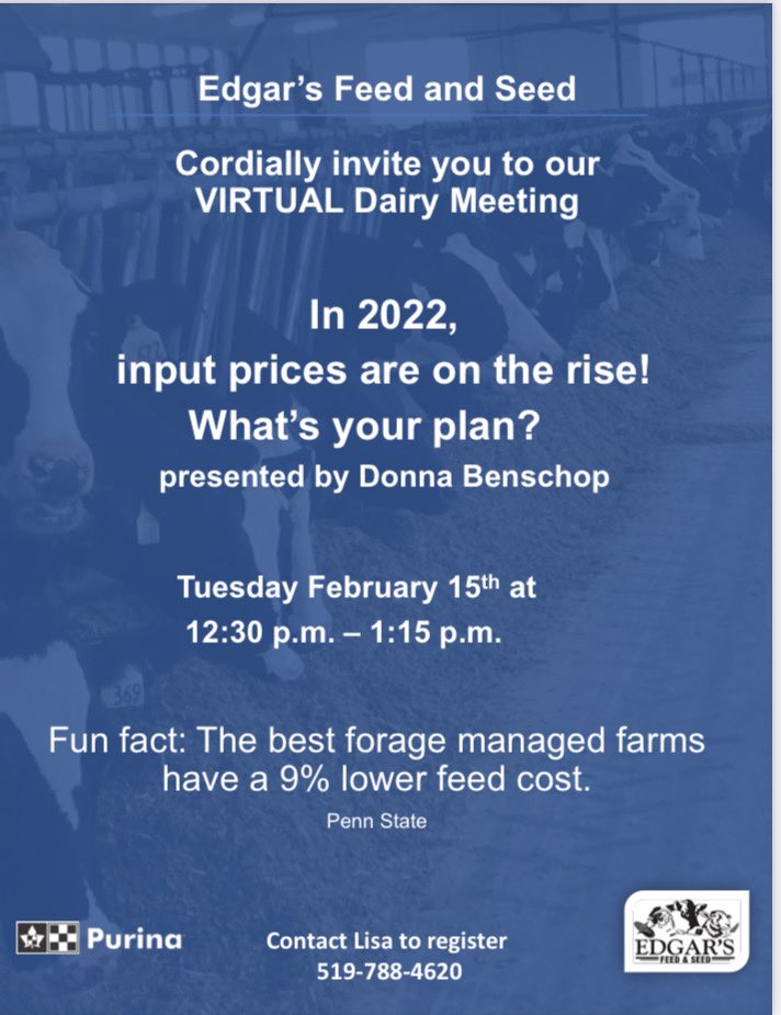 🐄 Virtual Dairy Meeting-Feb 15th! Input prices are on the rise do you have a plan on how to manage this on your farm? Send us a message or give us a call if you are interested in learning some management tactics! #ontag <a href="/HolsteinOntario/">Holstein Ontario</a> <a href="/ElliottMiller2/">Elliott Miller</a> <a href="/REMiller18/">Rebecca Miller</a> <a href="/Purina/">Purina</a>