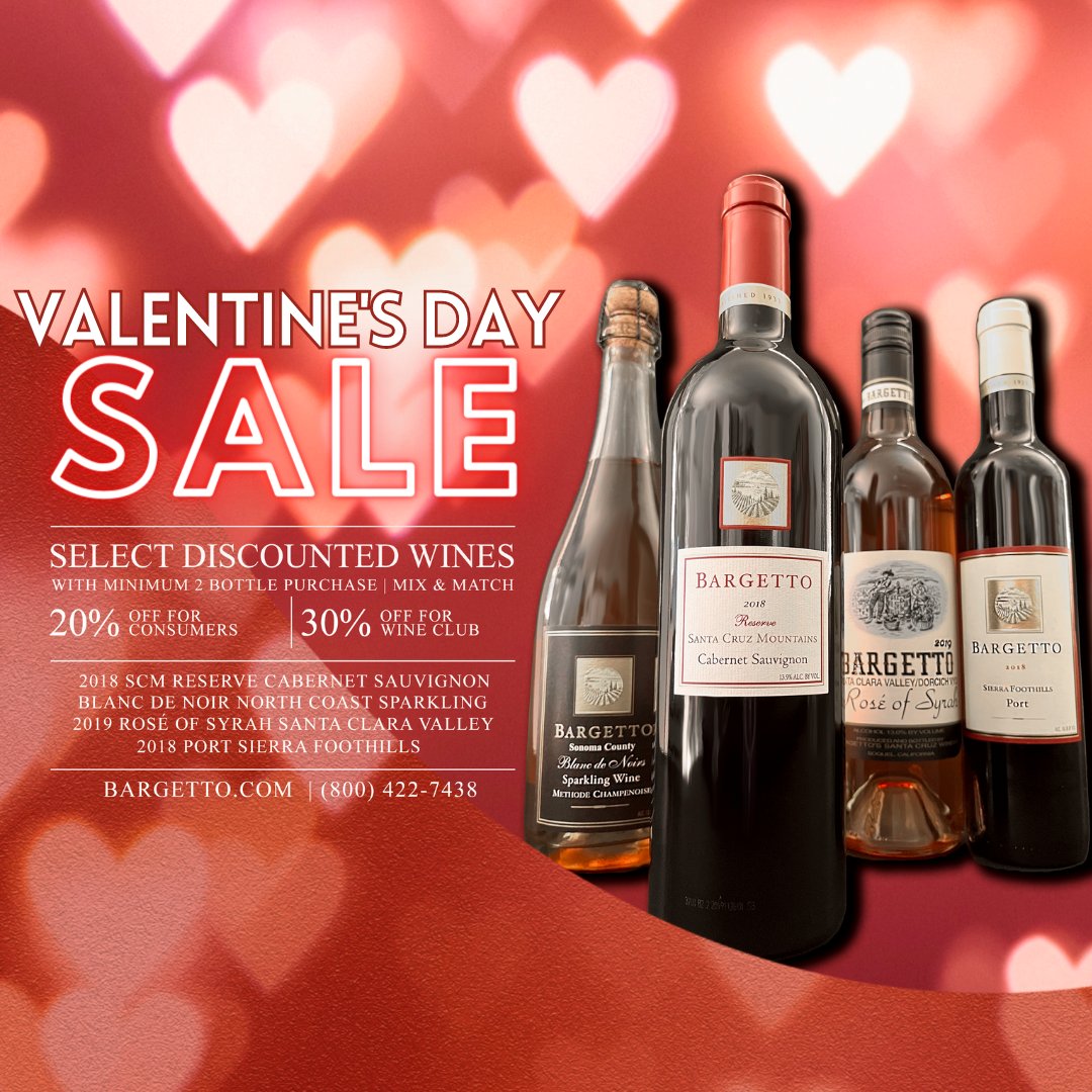 Valentine's Day Sale 💘
-Thru February 14th, 2022-

20% off for consumers | 30% off for wine club members
Mix and match - 2 or more! 

 2018 SCM Reserve Cabernet 
Blanc De Noir 
2019 Rosé of Syrah  
2018 Port 

Order on our website or call: +1 (800) 422-7438.