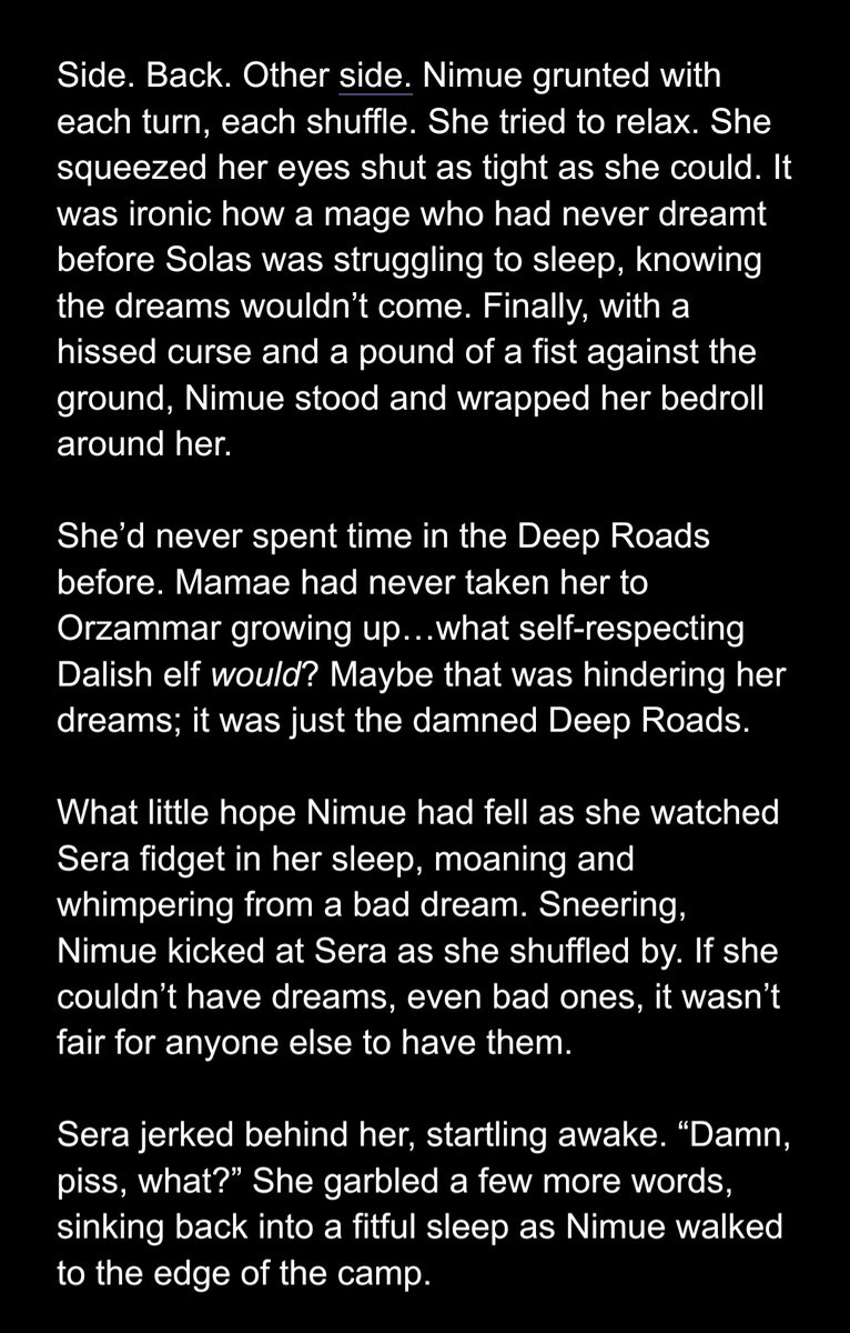 meadefulreads's tweet photo. #StoriesofThedas5 Day 4: Dream
Nimue struggles to sleep in the Deep Roads after Solas (and her dreams) left after defeating Corypheus.
#amwriting #promptfill #dragonageinquisition #bioware #fanfiction #nimuelavellan #thedas #deeproads https://t.co/AE0mhQQ3kW
