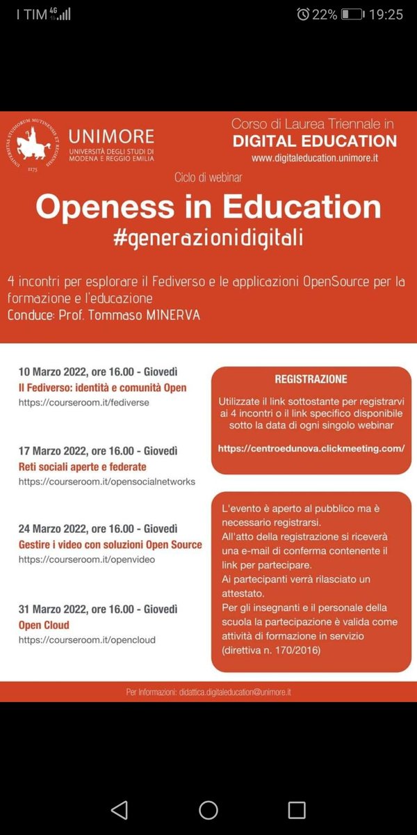 #digitaleducation #GenerazioniDigitali

4 seminari per esplorare il mondo del Fediverso e delle applicazioni e soluzioni Open Source per il mondo della formazione ed educazione. @openessineducation