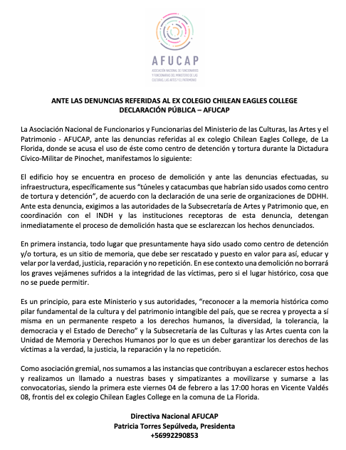 AfucapCultura's tweet photo. “…una demolición no borra los crímenes de lesa humanidad, pero revictimiza a víctimas y familiares alterar un sitio de memoria” #PatriciaTorres Presidenta #AFUCAP, 04 de febrero de 2022 https://t.co/G07aRjuoSh