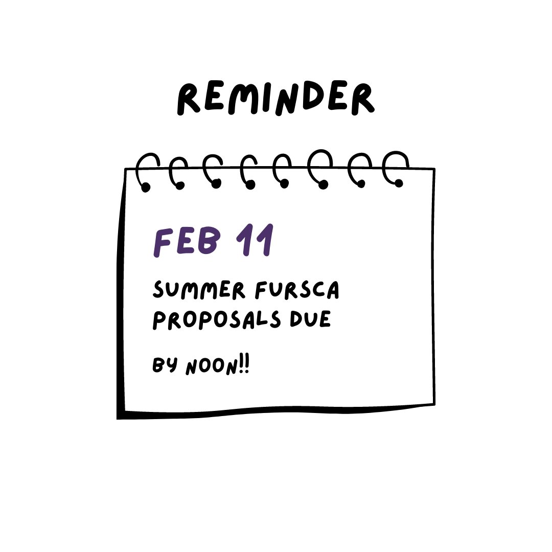 AlbionFURSCA's tweet photo. REMINDER: Summer FURSCA proposals are due a week from today (Feb 11 @ noon)! 

If you have any questions about submitting a proposal don't hesitate to message us or email fursca@albion.edu. 

Happy writing! https://t.co/ru0r74NbBw