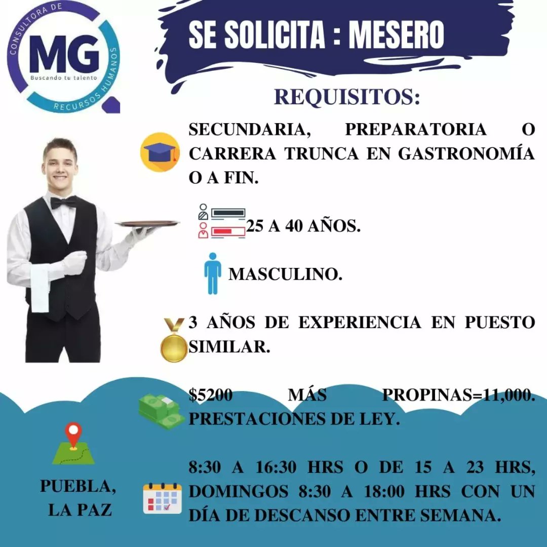 local Vatio subasta MG Bolsa de Trabajo on Twitter: "#empleo #TrabajoSiHay #trabajo  #trabajosíhay #mesero #repartidor #vino #Puebla #CDMX  https://t.co/ndyIyRgKGQ" / Twitter