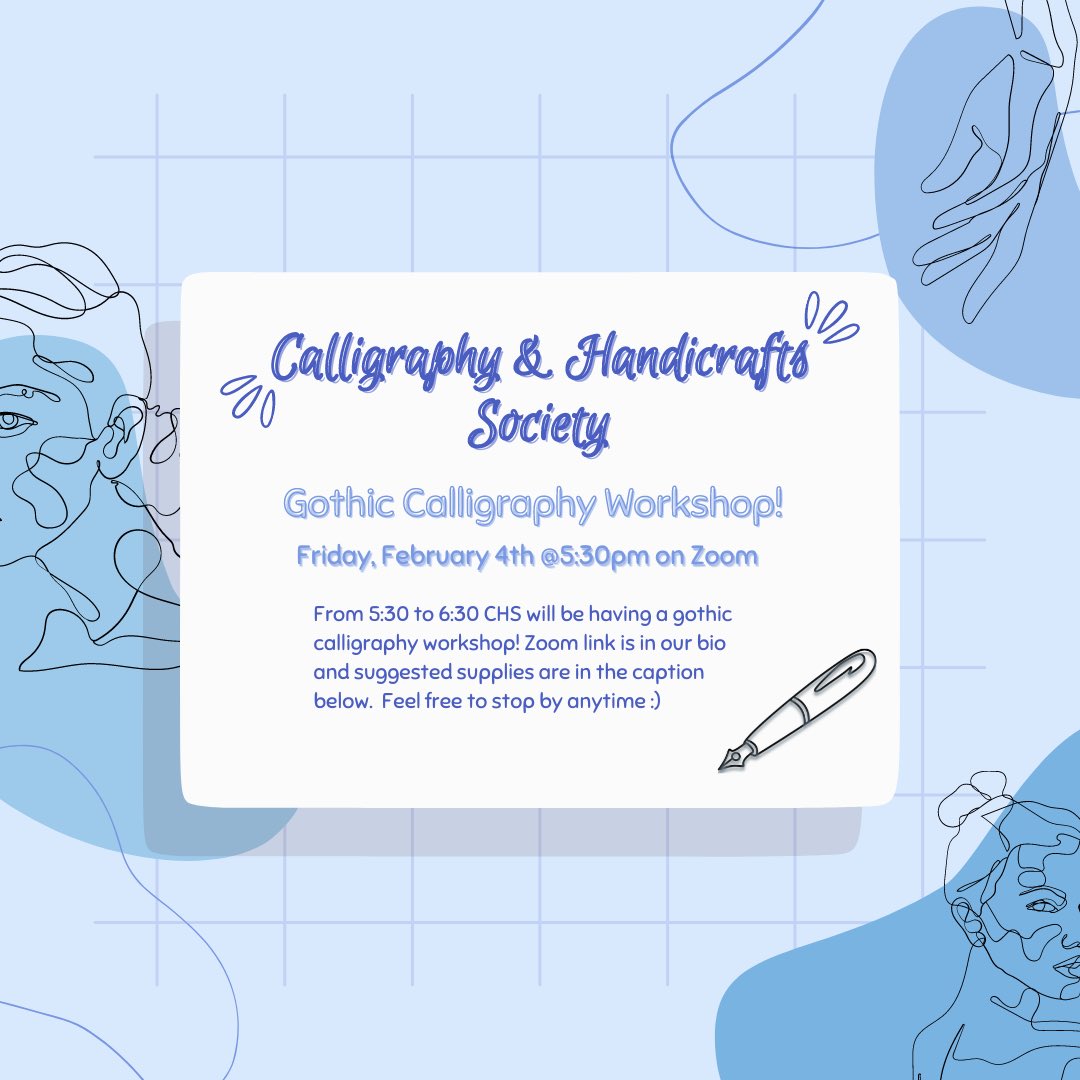 uw_chs's tweet photo. Happy Week 5 Huskies <3 Today CHS will be hosting a Gothic Calligraphy Workshop! No experience required ! All you need are 
•Two sharpened pencils + eraser
•Rubber bands or Tape
•Markers
•Paper

Feel free to stop by the meeting at anytime! Hope your midterms are going well! https://t.co/kLEJqIjaTM