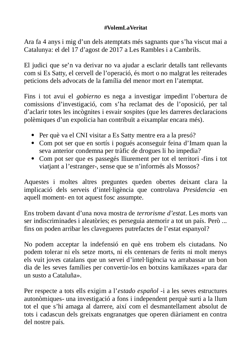 Davant la implicació del CNI en el terrorisme d’estat del #17A, el Gobierno impedeix comissions d’investigació.

#NO a les seves clavegueres putrefactes
#VolemLaVeritat
 
 📍Plà de l'Os (Les Rambles/Boqueria)
 🕛 12h00
 📆 5 FEBRER 2022
