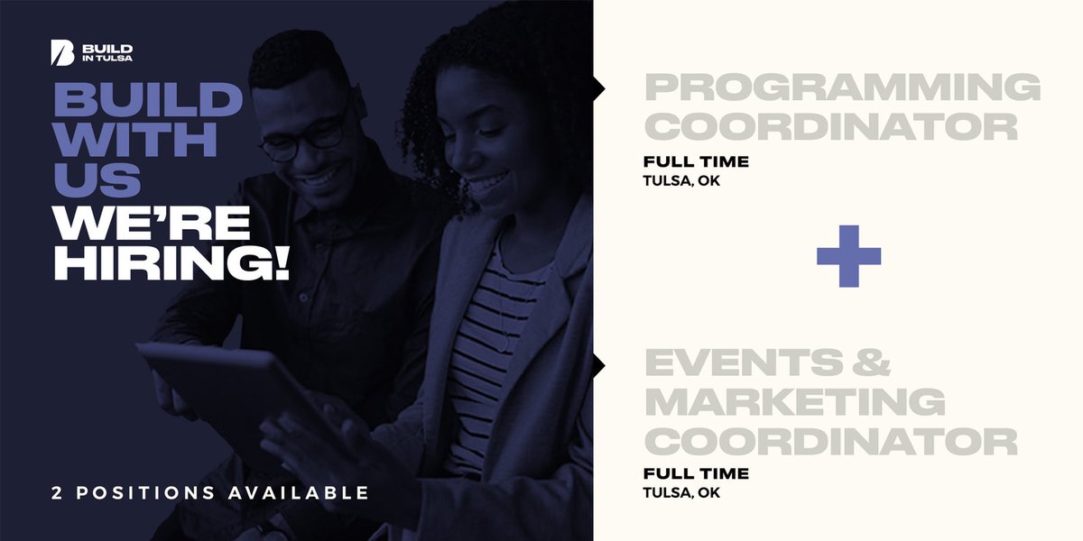 BuildinTulsa's tweet image. 🗣 WE’RE HIRING! 🗣

Apply today &amp;amp; join the #buildintulsa team: 

- Programming Coordinator (careers.intulsa.com/jobs/1613)
- Events &amp;amp; Marketing Coordinator (careers.intulsa.com/jobs/1615)