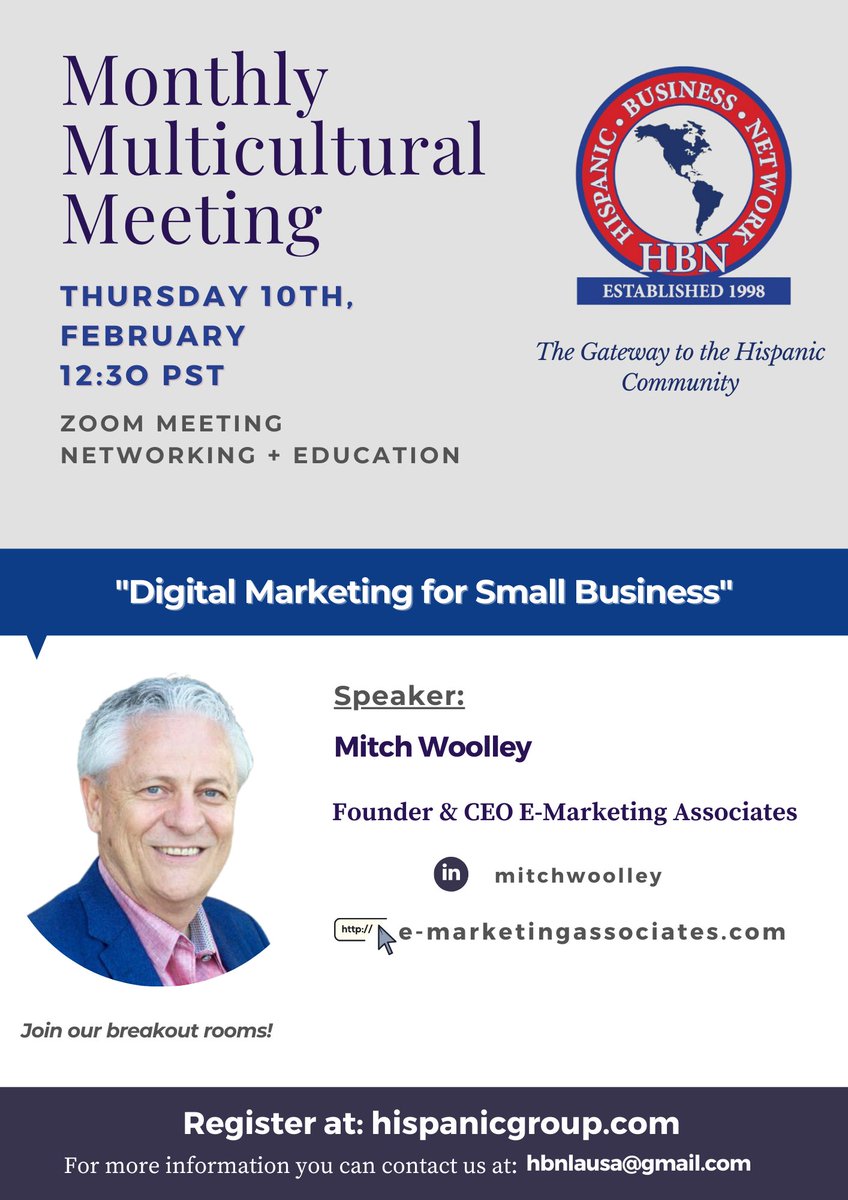 networkhbn's tweet image. Did you know we host a Multicultural networking event every month? Don't miss this great opportunity to learn more about Digital Marketing with our guest speaker and expert: Mitch Wooley. 

bit.ly/multifeb

#networking #LA #multiculturalevent #online