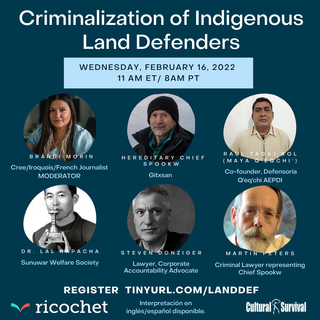 #IndigenousPeoples experience criminalization on a daily basis just for defending their lands. Hear about what Gitxsan, Wet'suwet'en, Maya Q'eqchi' &amp; Sunuwar Peoples are facing in Canada, Guatemala, and Nepal. <a href="/Songstress28/">Brandi Morin</a> <a href="/ricochet_en/">Ricochet Media</a> <a href="/SDonziger/">Steven Donziger</a> 
tinyurl.com/landdef