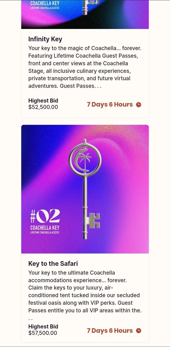 adasofia's tweet image. The lifetime pass Coachella #NFT release already looks like a bidding war is going down until the final secs. $150k almost sounds too low. 😬