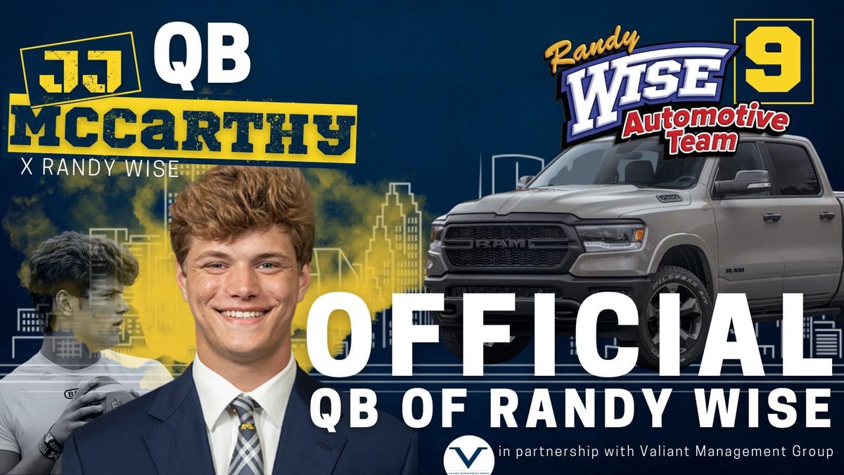 RandyWiseAT's tweet photo. Randy Wise Automotive is proud to announce, in partnership with Valiant Management Group, has teamed up with star quarterback JJ McCarthy! Randy Wise is proud to partner with JJ as the Official QB for our Team and assist with your automotive needs. 

JJ Made the Wise Choice!😎🙌🏻 https://t.co/WffZD0bm54