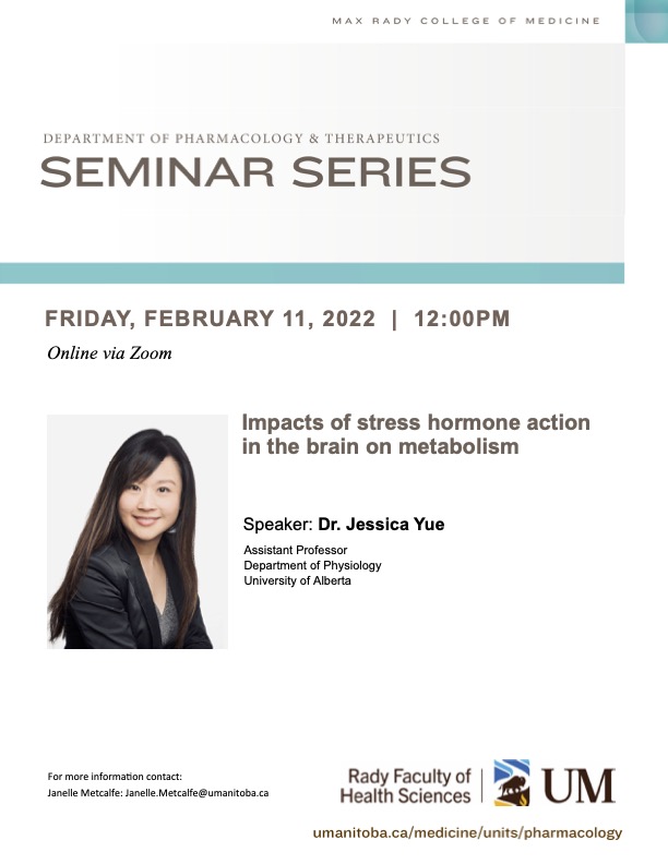 VernDolinsky's tweet image. Next FRIDAY February 11 NOON CST
Dr. Jessica Yue from @UAlberta_FoMD will be speaking about the Impacts of stress hormone action in the #brain on #metabolism @UM_RadyFHS Pharmacology Seminar Series @DREAM_diabetes @manitobaneuro
via ZOOM
Meeting ID: 670 5755 0712
Passcode: 754690