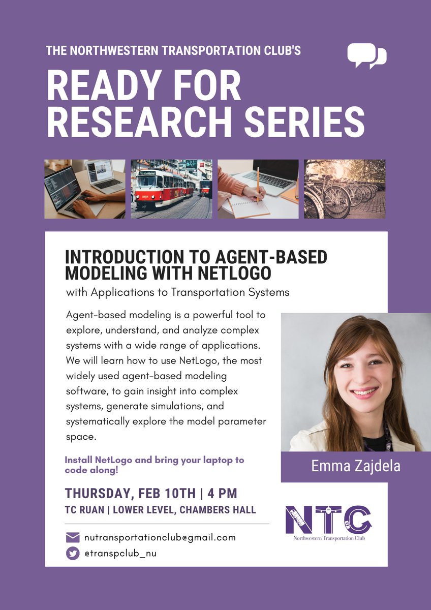 Agent-based modeling has many applications in transportation systems. Join us next week for a workshop led by ⁦@EmmaZajdela⁩ to learn more! 

#ReadyForResearch