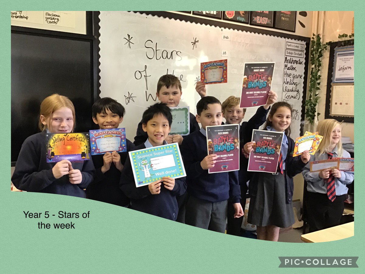 BartonMossCPS's tweet photo. Year 5 stars of the week. A few children missing off the picture. Fantastic effort from the whole class this week. Great writing focus this week, especially. @MrCornishTweets is having to request more certificates! #aimhigh #100percenteveryday π― https://t.co/xhhExGIxEJ