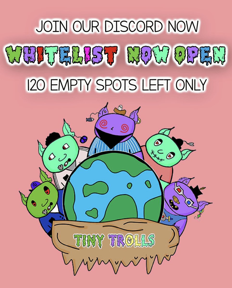 TinyTrolls (@tinytrollsnft) on Twitter photo ✅If you want to be part of <a href="/TinyTrollsNFT/">TinyTrolls</a> Exclusive Whitelist: 120 Open Spots only
🚨FIRST COME FIRST SERVED🚨
1️⃣Retweet & Join their Discord now
👉👉discord.gg/TgkpeucV7b 👈👈
2️⃣Drop your wallet address in the whitelist channel in their Discord 📩 ✅If you want to be part of <a href="/TinyTrollsNFT/">TinyTrolls</a> Exclusive Whitelist: 120 Open Spots only
🚨FIRST COME FIRST SERVED🚨
1️⃣Retweet & Join their Discord now
👉👉discord.gg/TgkpeucV7b 👈👈
2️⃣Drop your wallet address in the whitelist channel in their Discord 📩