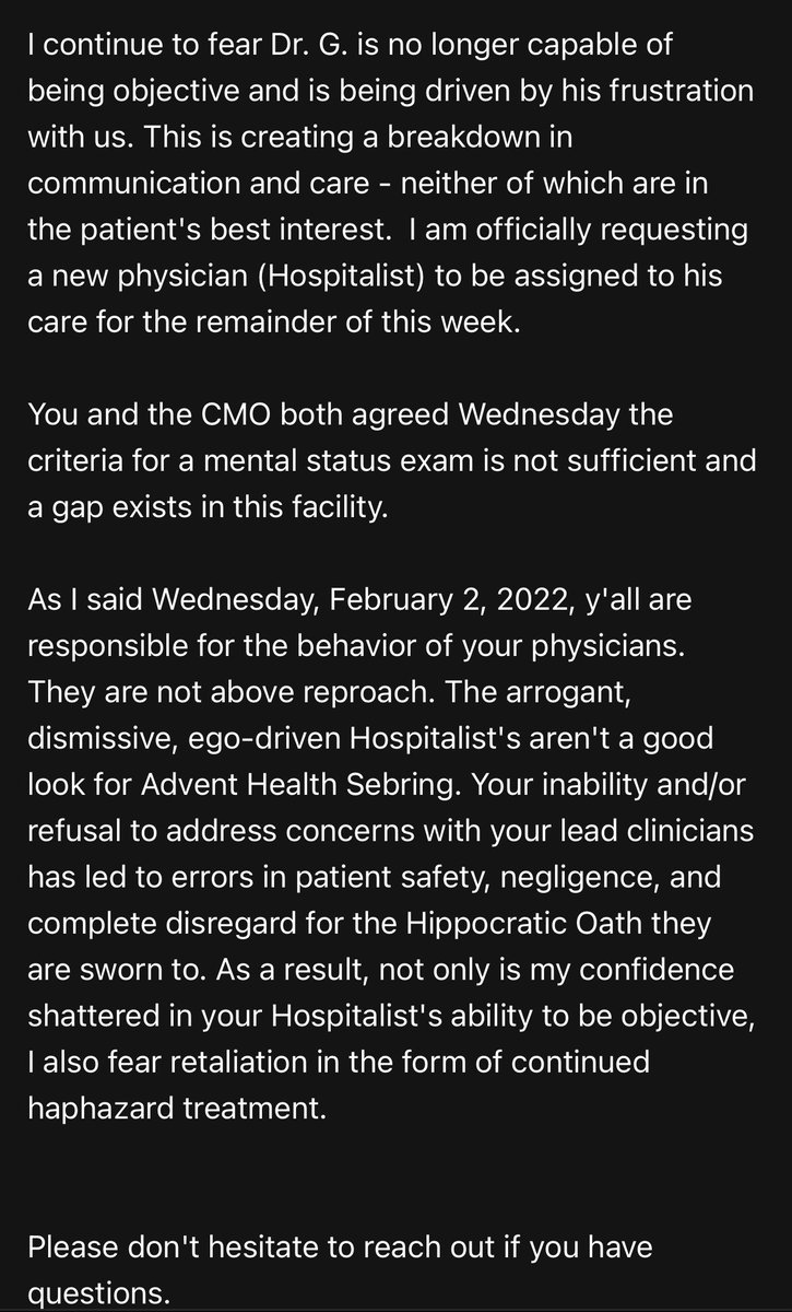 Anyone a journalist? I’d love to chat. Please see below. It’s an email I just sent to the Chief Nursing Officer and Chief Medical Officer at #AdventHealth #Sebring location. I need help getting my dad out of this facility. #please
