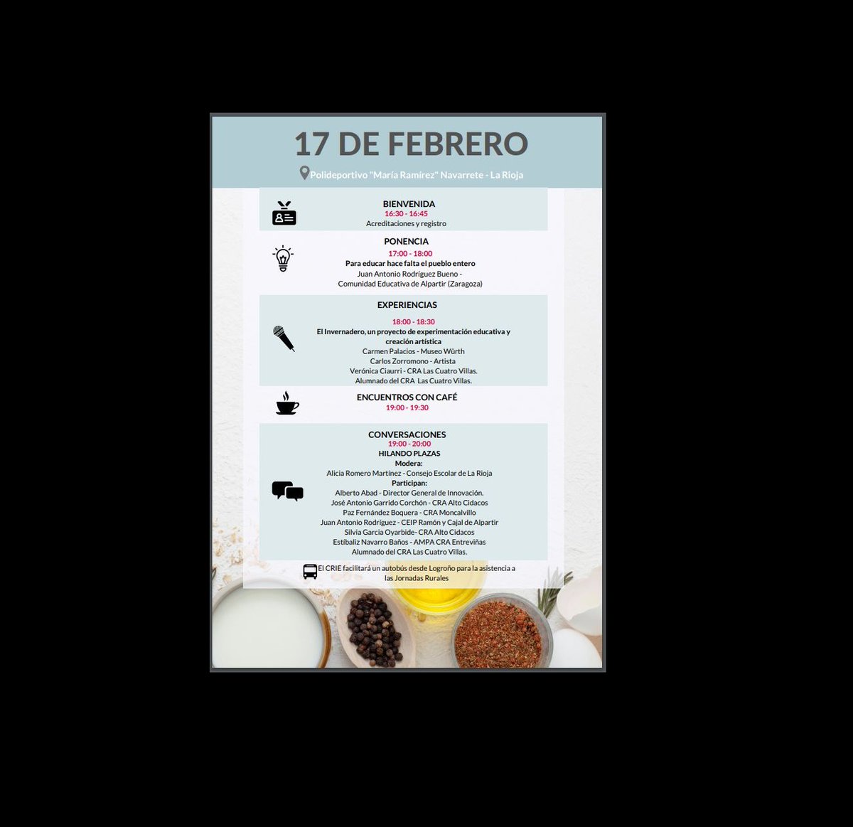 Es un placer poder formar parte de las JORNADAS SOBRE INNOVACIÓN EN LA ESCUELA RURAL, que se van a llevar a cabo el 16 y 17 de febrero en Navarrete y que están organizadas por el CRIE y el Gobierno de La Rioja.
#escuelarural
<a href="/educarioja/">Educación La Rioja</a>