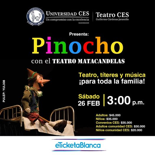 RadioMESTIZAJES's tweet photo. El "parche" pal Sábado 26 de febrero es con @matacandelas, @UniversidadCES y PINOCHO! ¡Teatro y Títeres! ¡Una belleza! - 3:00pm
#VamosATeatro #Matacandelas #mestizajes https://t.co/6oLnHENHaa