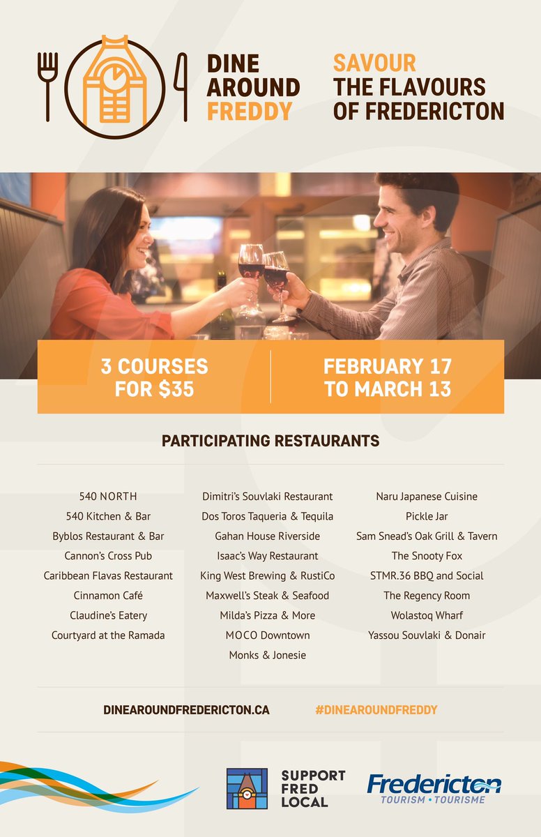 FredTourism's tweet image. Spread the word! #Fredericton’s favourite culinary program #DineAroundFreddy will return Feb 17-March 13!! 

Get the menus and book your reservations 👉🏻 DineAroundFredericton.ca 

#SupportFredLocal