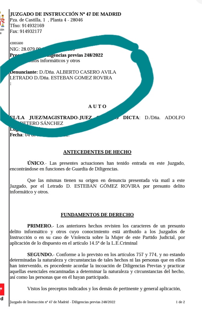 alfonsopmedina's tweet photo. OJO, otro giro de guion: Casero no denunció el delito informático ni pidió que la Guardia Civil requisara su ordenador. Pero el juzgado POR ERROR le incluyó en un auto como denunciante https://t.co/OzRy35QkSF