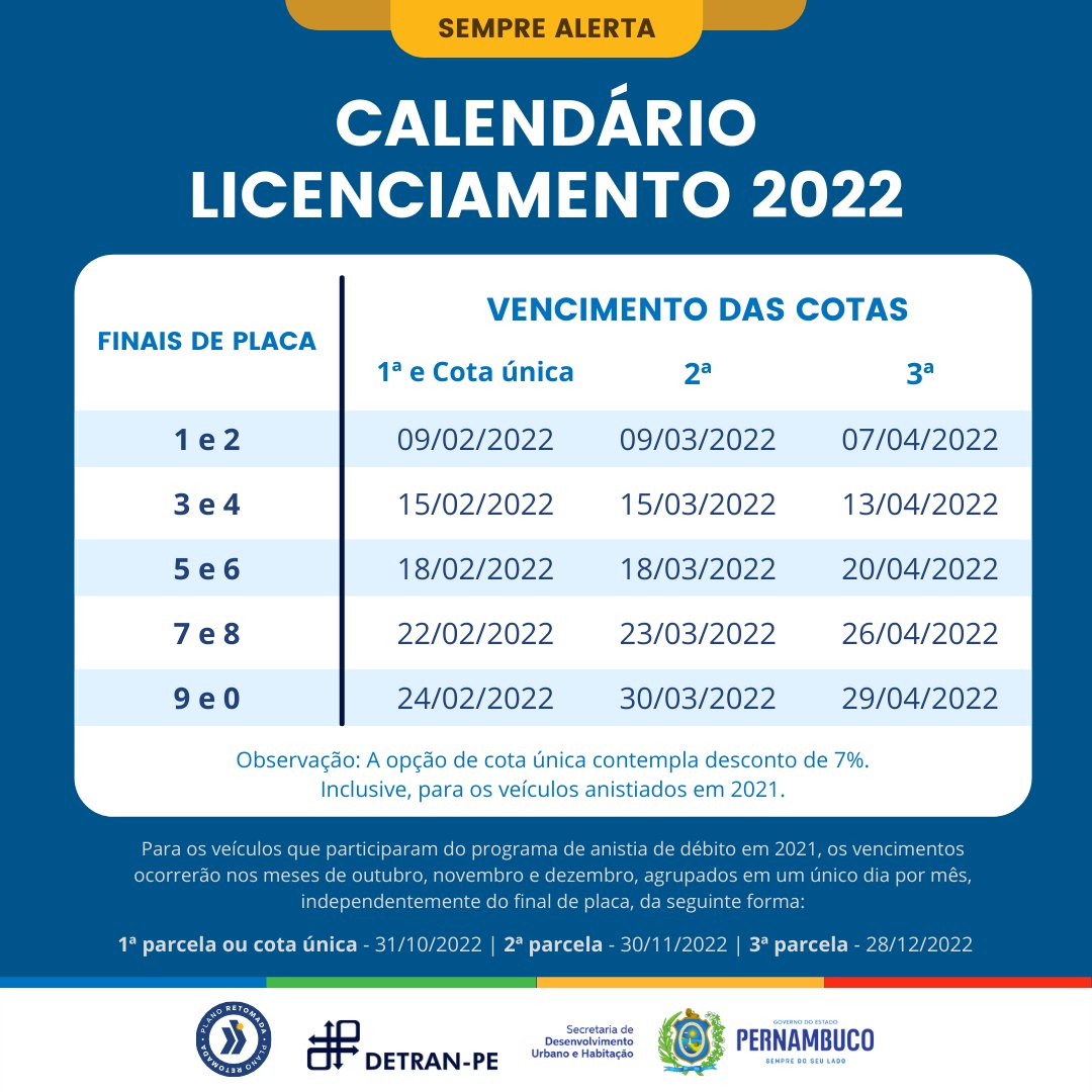 DetranPE's tweet photo. Fique atento! Está chegando a data de vencimento para o pagamento à vista do Licenciamento/IPVA 2022 dos veículos com final de placa em 01 ou 02.
Confira o calendário do Licenciamento/IPVA e outras informações nas imagens ou acesse: https://t.co/Lhg4KtzJtt
#ipva
#ipva2022 https://t.co/mk0RwmEuse
