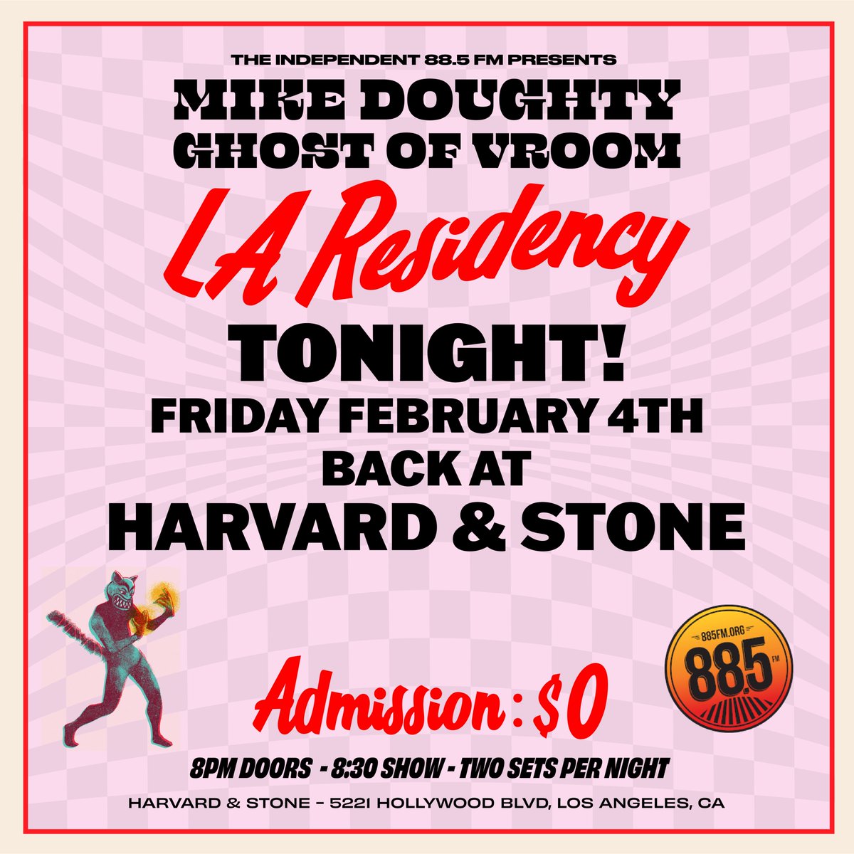 Mike_Doughty_'s tweet photo. FROM HQ: TONIGHT! Mike Doughty and the band are back at Harvard &amp; Stone for another night of the @GhostOfVroom LA Residency brought to you by @885fmsocal. Doors at 8, show at 8:30, $0 admission. RSVP here: https://t.co/S1u9cAtFDl https://t.co/w1mW2qoiog